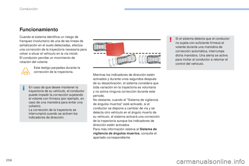 PEUGEOT 3008 2017  Manual del propietario (in Spanish) 256
3008-2_es_Chap06_conduite_ed01-2016
Mientras los indicadores de dirección estén 
activados y durante unos segundos después 
de su desactivación, el sistema considera que 
toda variación en la
