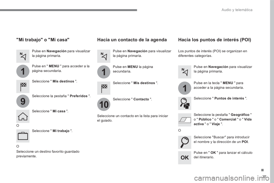 PEUGEOT 3008 2017  Manual del propietario (in Spanish) 27
.
1
10
1
1
9
  Audio y telemática 
 
 
O  
 
 
 
Hacia un contacto de la agenda  
 
 
Seleccione "  Mis destinos 
 ".  
   
Seleccione "  Contacto 
 ".      
Pulse en  Navegación 
 para visualiza