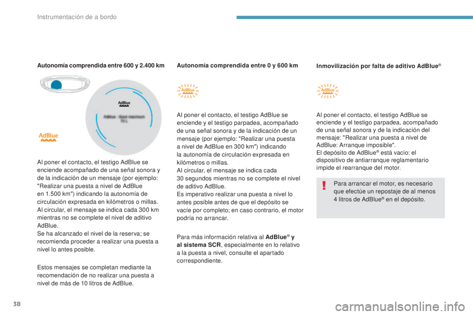 PEUGEOT 3008 2017  Manual del propietario (in Spanish) 38
3008-2_es_Chap01_instruments-de-bord_ed01-2016
Autonomía comprendida entre 0 y 600 km
A l poner el contacto, el testigo AdBlue se 
enciende y el testigo parpadea, acompañado 
de una señal sonora