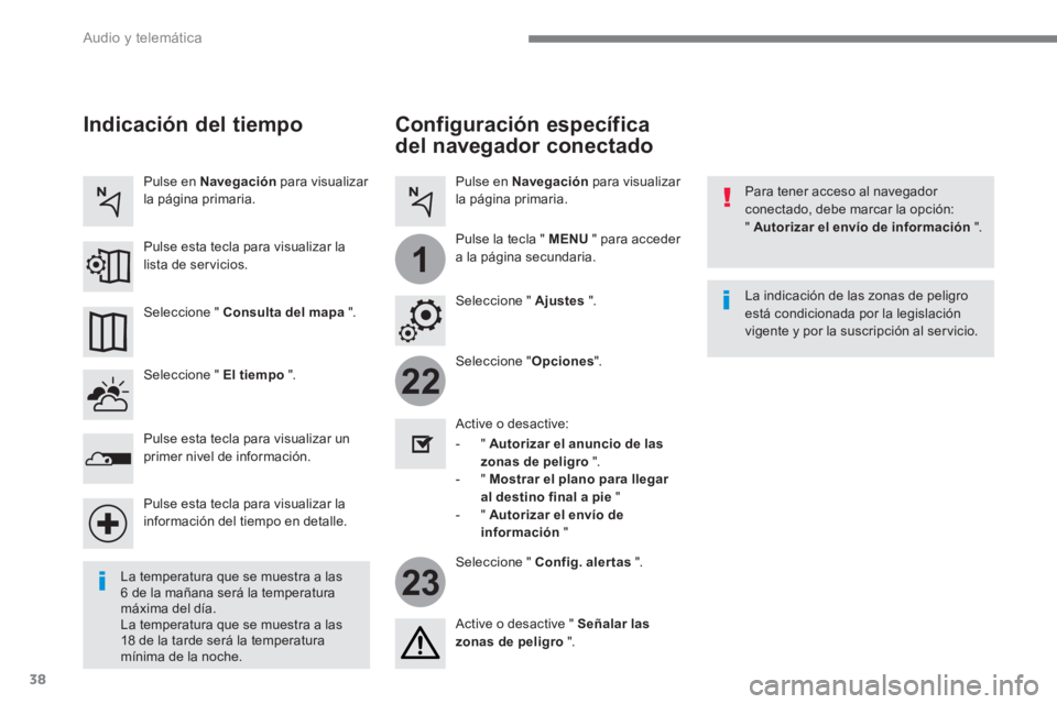 PEUGEOT 3008 2017  Manual del propietario (in Spanish) 38
22
23
1
  Audio y telemática 
 
 
Configuración específica 
del navegador conectado 
   
Para tener acceso al navegador 
conectado, debe marcar la opción: 
"  Autorizar el envío de informació