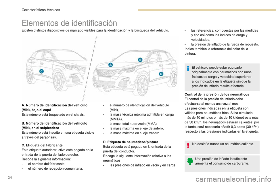 PEUGEOT 3008 2017  Manual del propietario (in Spanish) 24
Elementos de identificación
Existen distintos dispositivos de marcado visibles para la identificación y la búsqueda del vehículo.
A. Número de identificación del vehículo 
(VIN), bajo el cap