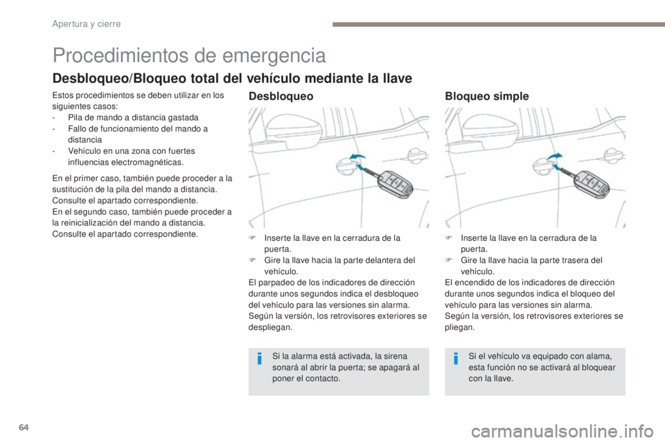 PEUGEOT 3008 2017  Manual del propietario (in Spanish) 64
3008-2_es_Chap02_ouvertures_ed01-2016
Procedimientos de emergencia
Estos procedimientos se deben utilizar en los 
siguientes casos:
- 
P
 ila de mando a distancia gastada
-
 
F
 allo de funcionamie