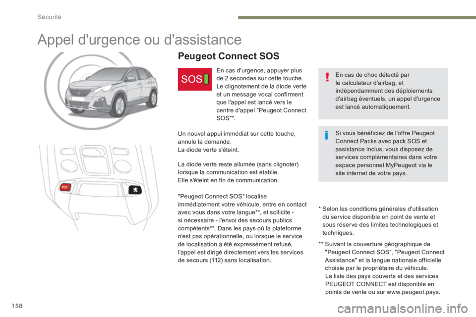 PEUGEOT 3008 2017 Manuel du propriétaire (in French) 158
Appel d'urgence ou d'assistance
En cas de choc détecté par
le calculateur d'airbag, et
indépendamment des déploiements
d'airbag éventuels, un appel d'urgence
est lancà PEUGEOT 3008 2017 Manuel du propriétaire (in French) 158
Appel d'urgence ou d'assistance
En cas de choc détecté par
le calculateur d'airbag, et
indépendamment des déploiements
d'airbag éventuels, un appel d'urgence
est lancÃ