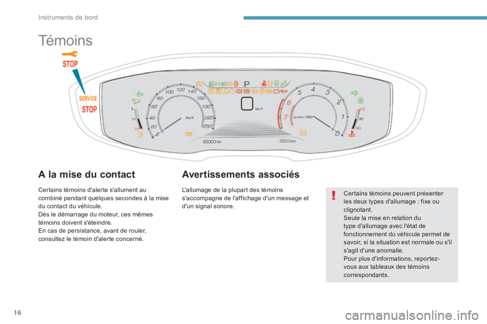 PEUGEOT 3008 2017  Manuel du propriétaire (in French) 16
Témoins
A la mise du contact
Certains témoins d'alerte s'allument au 
combiné pendant quelques secondes à la mise 
du contact du véhicule.
Dès le démarrage du moteur, ces mêmes 
té