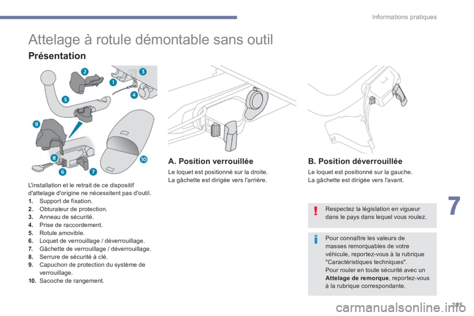 PEUGEOT 3008 2017  Manuel du propriétaire (in French) 285
Attelage à rotule démontable sans outil
Présentation
A. Position verrouillée
Le loquet est positionné sur la droite.
La gâchette est dirigée vers l'arrière.
B. Position déverrouillée