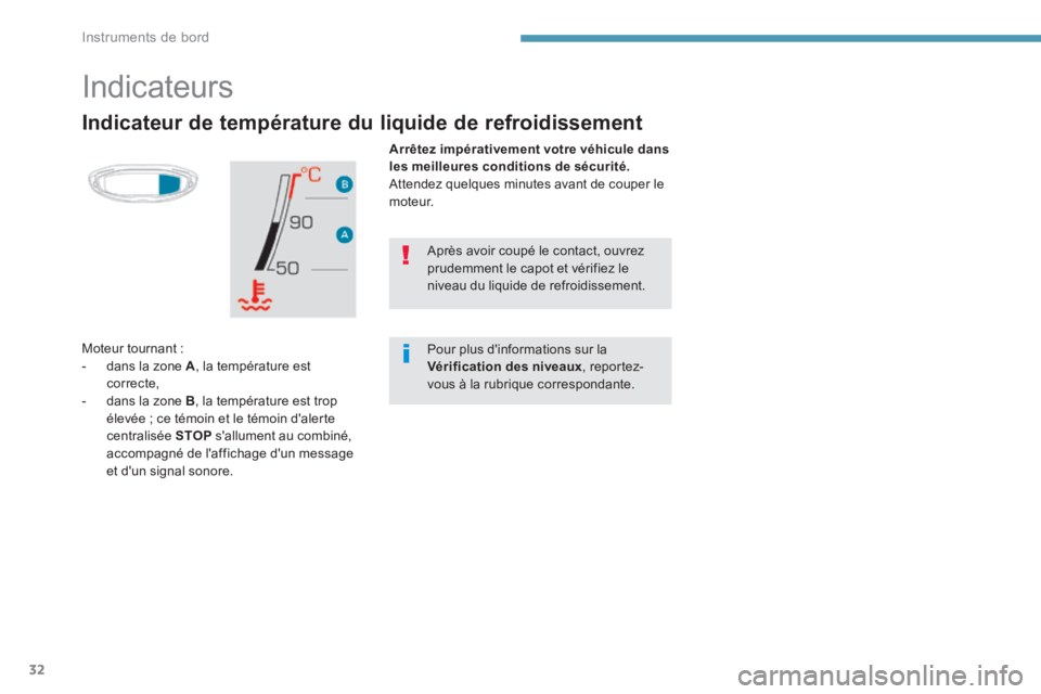 PEUGEOT 3008 2017  Manuel du propriétaire (in French) 32
Indicateur de température du liquide de refroidissement
Arrêtez impérativement votre véhicule dans 
les meilleures conditions de sécurité.
Attendez quelques minutes avant de couper le 
moteur