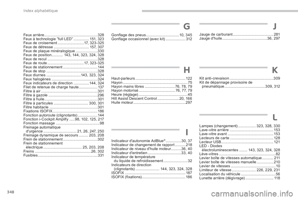 PEUGEOT 3008 2017  Manuel du propriétaire (in French) 348
Gonflage des pneus ................................10, 3 45
Gonflage occasionnel (avec kit)  ................... 312
Indicateur d'autonomie AdBlue
® ............... 30, 37
Indicateur de chang