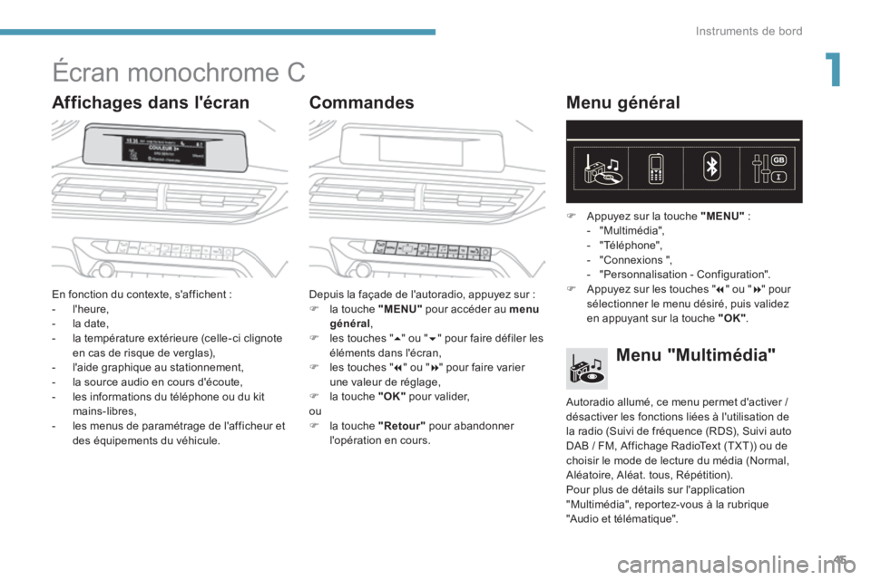 PEUGEOT 3008 2017  Manuel du propriétaire (in French) 45
Écran monochrome C
Affichages dans l'écranCommandesMenu général
En fonction du contexte, s'affichent :
- l'heure,
-  la date,
-  la température extérieure (celle-ci clignote 
en c