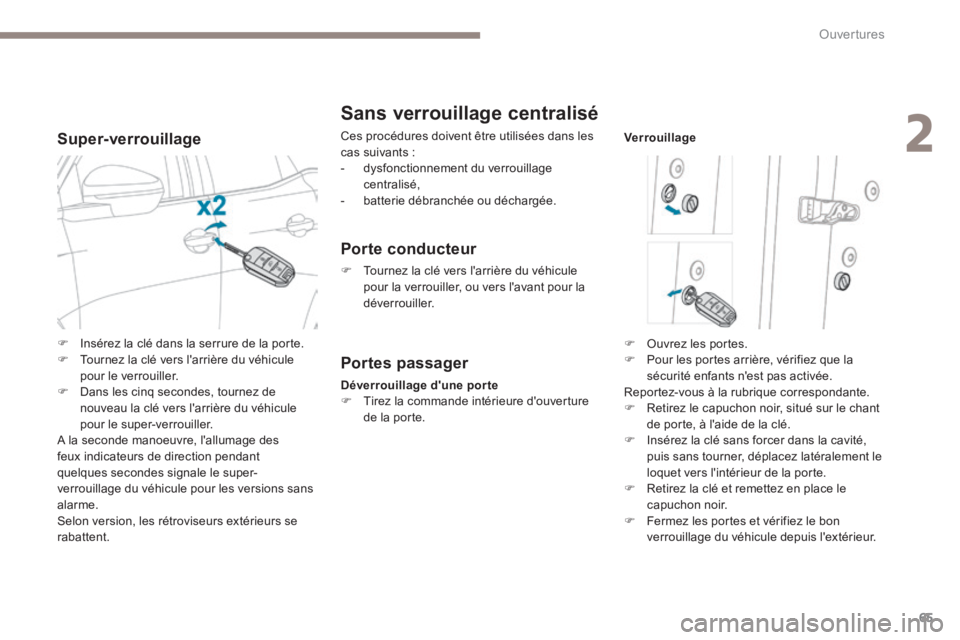 PEUGEOT 3008 2017  Manuel du propriétaire (in French) 65
Super-verrouillage
Sans verrouillage centralisé
Ces procédures doivent être utilisées dans les 
cas suivants :
- dysfonctionnement du verrouillage 
centralisé,
-   batterie débranchée ou dé