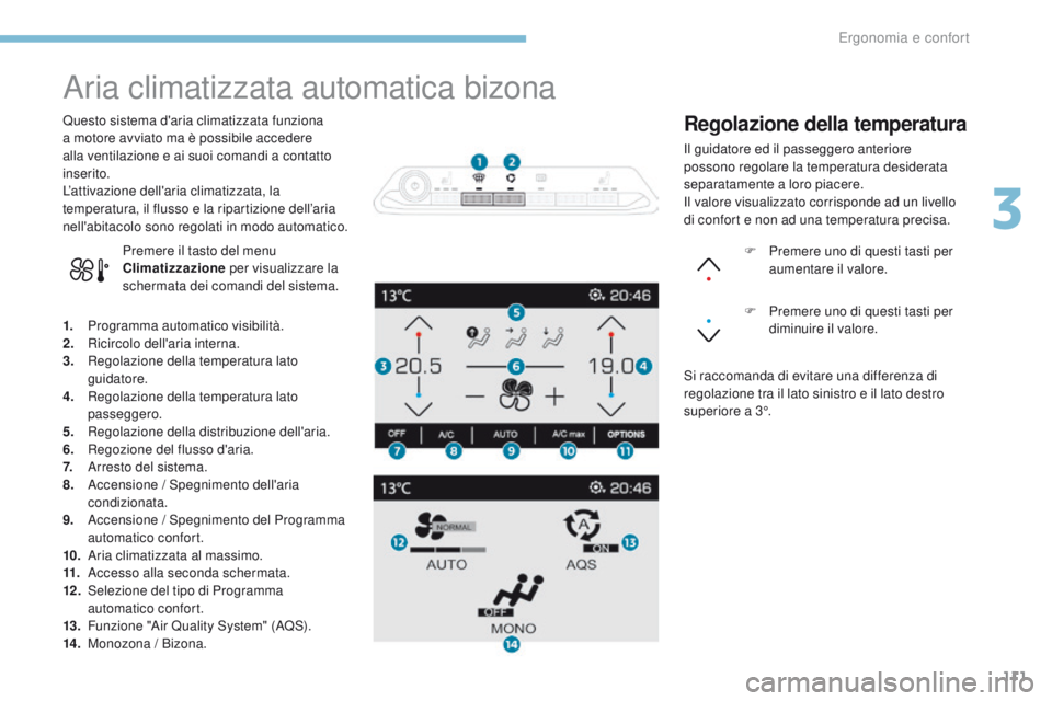 PEUGEOT 3008 2017  Manuale duso (in Italian) 111
3008-2_it_Chap03_ergonomie-et-confort_ed01-2016
Aria climatizzata automatica bizona
1. Programma automatico visibilità.
2. Ricircolo dell'aria interna.
3.
 R

egolazione della temperatura lat