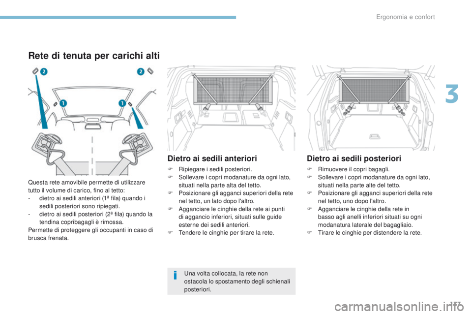 PEUGEOT 3008 2017  Manuale duso (in Italian) 137
3008-2_it_Chap03_ergonomie-et-confort_ed01-2016
Rete di tenuta per carichi alti
Questa rete amovibile permette di utilizzare 
tutto il volume di carico, fino al tetto:
- 
d
 ietro ai sedili anteri