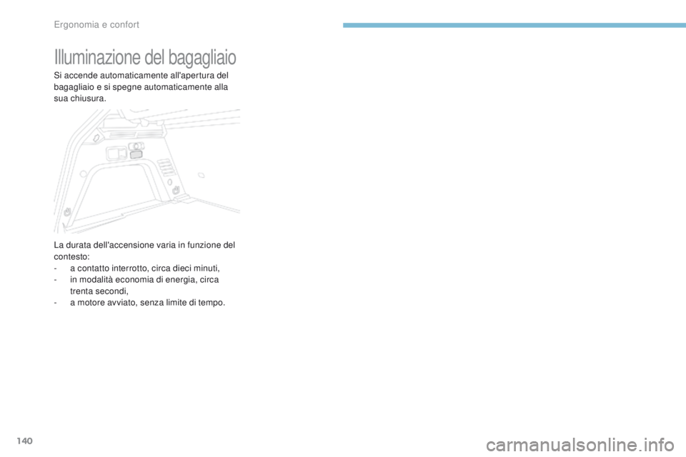 PEUGEOT 3008 2017  Manuale duso (in Italian) 140
3008-2_it_Chap03_ergonomie-et-confort_ed01-2016
Illuminazione del bagagliaio
Si accende automaticamente all'apertura del 
bagagliaio e si spegne automaticamente alla 
sua chiusura.
La durata d