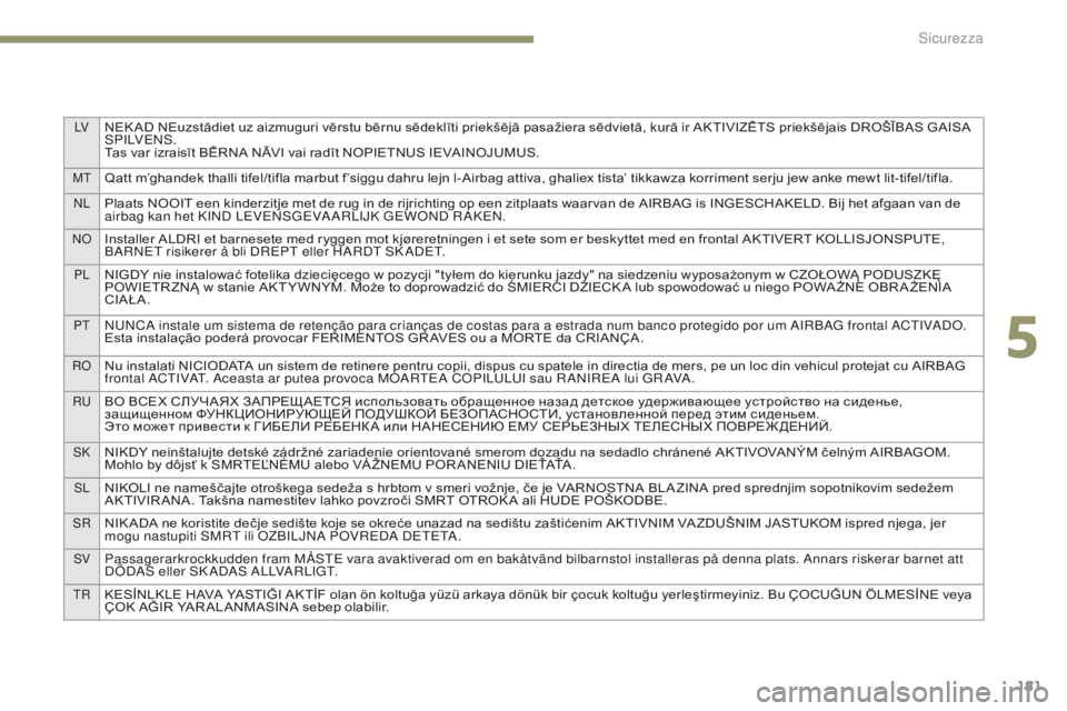 PEUGEOT 3008 2017 Manuale duso (in Italian) LVNEK AD NEuzstādiet uz aizmuguri vērstu bērnu sēdeklīti priekšējā pasažiera sēdvietā, kurā ir AKTIVIZĒTS priekšējais DROŠĪBAS GAISA
S P I LVeNS .
Tas var izraisīt BĒRNA NĀVI vai PEUGEOT 3008 2017 Manuale duso (in Italian) LVNEK AD NEuzstādiet uz aizmuguri vērstu bērnu sēdeklīti priekšējā pasažiera sēdvietā, kurā ir AKTIVIZĒTS priekšējais DROŠĪBAS GAISA
S P I LVeNS .
Tas var izraisīt BĒRNA NĀVI vai