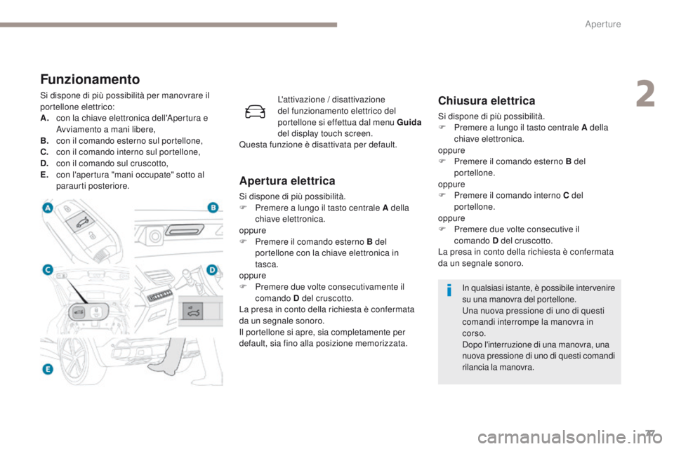PEUGEOT 3008 2017 Manuale duso (in Italian) 77
3008-2_it_Chap02_ouvertures_ed01-2016
Funzionamento
Si dispone di più possibilità per manovrare il
portellone elettrico:
A.
c
on la chiave elettronica dell'Apertura e
Avviamento a mani lib PEUGEOT 3008 2017 Manuale duso (in Italian) 77
3008-2_it_Chap02_ouvertures_ed01-2016
Funzionamento
Si dispone di più possibilità per manovrare il
portellone elettrico:
A.
c
on la chiave elettronica dell'Apertura e
Avviamento a mani lib