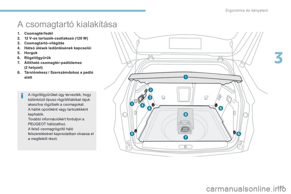 PEUGEOT 3008 2017 Kezelési útmutató (in Hungarian) 135
3008-2_hu_Chap03_ergonomie-et-confort_ed01-2016
A csomagtartó kialakítása
1. Csomagtérfedél
2. 12 V- os tar tozék- csatlakozó (120 W)
3.
C
somagtartó-világítás
4.
H
átsó ülések PEUGEOT 3008 2017 Kezelési útmutató (in Hungarian) 135
3008-2_hu_Chap03_ergonomie-et-confort_ed01-2016
A csomagtartó kialakítása
1. Csomagtérfedél
2. 12 V- os tar tozék- csatlakozó (120 W)
3.
C
somagtartó-világítás
4.
H
átsó ülések