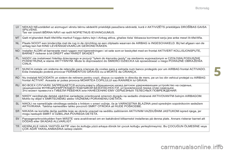 PEUGEOT 3008 2017 Kezelési útmutató (in Hungarian) LVNEK AD NEuzstādiet uz aizmuguri vērstu bērnu sēdeklīti priekšējā pasažiera sēdvietā, kurā ir AKTIVIZĒTS priekšējais DROŠĪBAS GAISA
S P I LV E N S .
Tas var izraisīt BĒRNA NĀVI v PEUGEOT 3008 2017 Kezelési útmutató (in Hungarian) LVNEK AD NEuzstādiet uz aizmuguri vērstu bērnu sēdeklīti priekšējā pasažiera sēdvietā, kurā ir AKTIVIZĒTS priekšējais DROŠĪBAS GAISA
S P I LV E N S .
Tas var izraisīt BĒRNA NĀVI v