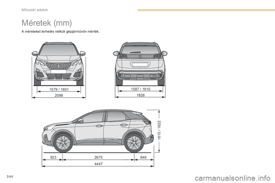 PEUGEOT 3008 2017 Kezelési útmutató (in Hungarian) 344
3008-2_hu_Chap09_caracteristiques_ed01-2016
Méretek (mm)
A méreteket terhelés nélküli gépjárművön mérték.
Műszaki adatok PEUGEOT 3008 2017 Kezelési útmutató (in Hungarian) 344
3008-2_hu_Chap09_caracteristiques_ed01-2016
Méretek (mm)
A méreteket terhelés nélküli gépjárművön mérték.
Műszaki adatok