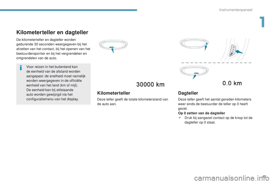 PEUGEOT 3008 2017  Instructieboekje (in Dutch) 41
3008-2_nl_Chap01_instruments-de-bord_ed01-2016
Kilometerteller en dagteller
Voor reizen in het buitenland kan 
de eenheid van de afstand worden 
aangepast: de snelheid moet namelijk 
worden weergeg