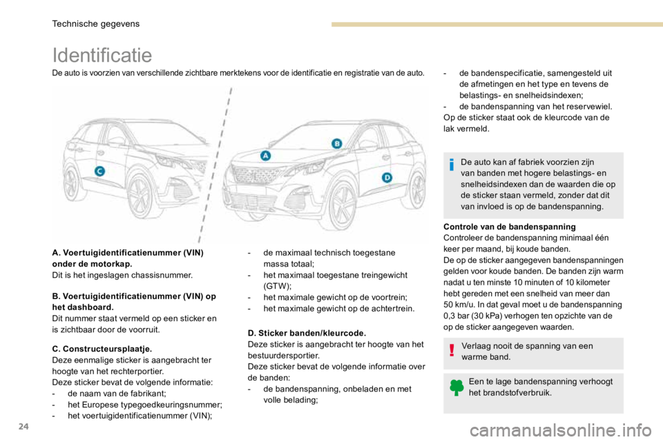 PEUGEOT 3008 2017 Instructieboekje (in Dutch) 24
Identificatie
De auto is voorzien van verschillende zichtbare merktekens voor de identificatie en registratie van de auto.
A. Voertuigidentificatienummer (VIN)
onder de motorkap.
Dit is het ingesl PEUGEOT 3008 2017 Instructieboekje (in Dutch) 24
Identificatie
De auto is voorzien van verschillende zichtbare merktekens voor de identificatie en registratie van de auto.
A. Voertuigidentificatienummer (VIN)
onder de motorkap.
Dit is het ingesl