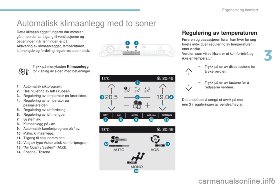 PEUGEOT 3008 2017 Instruksjoner for bruk (in Norwegian) 111
3008-2_no_Chap03_ergonomie-et-confort_ed01-2016
Automatisk klimaanlegg med to soner
1. Automatisk siktprogram.
2. Resirkulering av luft i kupeen.
3.
R
egulering av temperatur på førersiden.
4. PEUGEOT 3008 2017 Instruksjoner for bruk (in Norwegian) 111
3008-2_no_Chap03_ergonomie-et-confort_ed01-2016
Automatisk klimaanlegg med to soner
1. Automatisk siktprogram.
2. Resirkulering av luft i kupeen.
3.
R
egulering av temperatur på førersiden.
4.