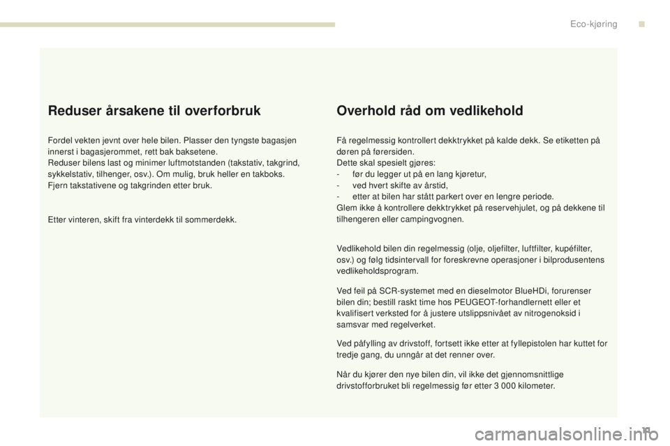 PEUGEOT 3008 2017 Instruksjoner for bruk (in Norwegian) 3008-2_no_Chap00c_eco-conduite_ed01-2016
11
Reduser årsakene til overforbruk
Fordel vekten jevnt over hele bilen. Plasser den tyngste bagasjen
innerst i bagasjerommet, rett bak baksetene.
Reduser bi PEUGEOT 3008 2017 Instruksjoner for bruk (in Norwegian) 3008-2_no_Chap00c_eco-conduite_ed01-2016
11
Reduser årsakene til overforbruk
Fordel vekten jevnt over hele bilen. Plasser den tyngste bagasjen
innerst i bagasjerommet, rett bak baksetene.
Reduser bi