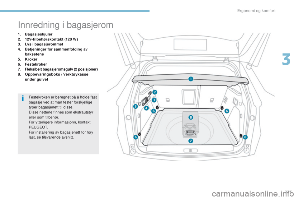 PEUGEOT 3008 2017 Instruksjoner for bruk (in Norwegian) 135
3008-2_no_Chap03_ergonomie-et-confort_ed01-2016
Innredning i bagasjerom
1. Bagasjeskjuler
2. 12V-tilbehørskontakt (120 W )
3.
L
ys i bagasjerommet
4.
B
etjeninger for sammenfolding av
bakse PEUGEOT 3008 2017 Instruksjoner for bruk (in Norwegian) 135
3008-2_no_Chap03_ergonomie-et-confort_ed01-2016
Innredning i bagasjerom
1. Bagasjeskjuler
2. 12V-tilbehørskontakt (120 W )
3.
L
ys i bagasjerommet
4.
B
etjeninger for sammenfolding av
bakse