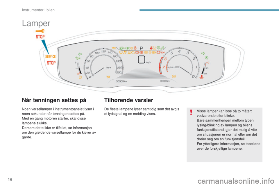 PEUGEOT 3008 2017 Instruksjoner for bruk (in Norwegian) 16
3008-2_no_Chap01_instruments-de-bord_ed01-2016
Lamper
Når tenningen settes på
Noen varsellamper i instrumentpanelet lyser i
noen sekunder når tenningen settes på.
Med en gang motoren starter, PEUGEOT 3008 2017 Instruksjoner for bruk (in Norwegian) 16
3008-2_no_Chap01_instruments-de-bord_ed01-2016
Lamper
Når tenningen settes på
Noen varsellamper i instrumentpanelet lyser i
noen sekunder når tenningen settes på.
Med en gang motoren starter,