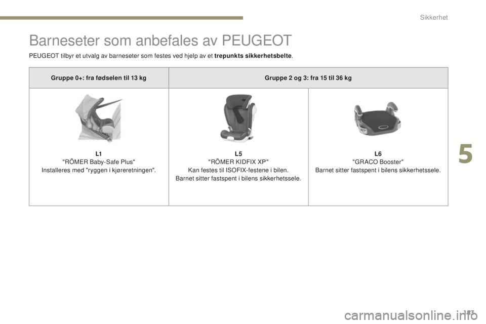 PEUGEOT 3008 2017  Instruksjoner for bruk (in Norwegian) 183
3008-2_no_Chap05_securite_ed01-2016
Barneseter som anbefales av Peugeot
Gruppe 0+: fra fødselen til 13 kg Gruppe 2 og 3: fra 15 til 36 kg
L1
"RÖM
eR B

aby-Safe Plus" 
Installeres med &#