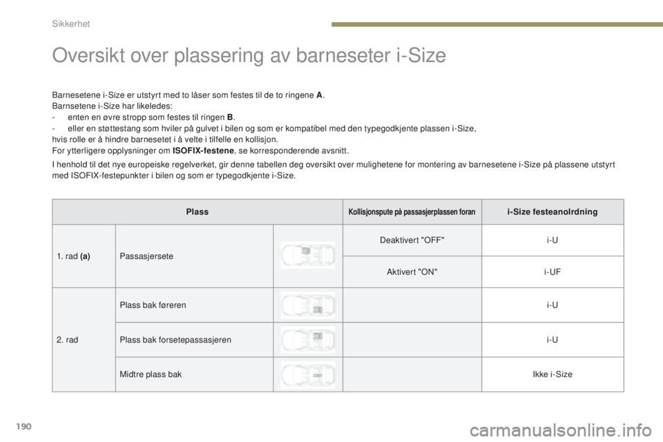 PEUGEOT 3008 2017  Instruksjoner for bruk (in Norwegian) 190
3008-2_no_Chap05_securite_ed01-2016
oversikt over plassering av barneseter i-Size
Barnesetene i-Size er utstyrt med to låser som festes til de to ringene A.
Barnsetene i-Size har likeledes:
-
 
e