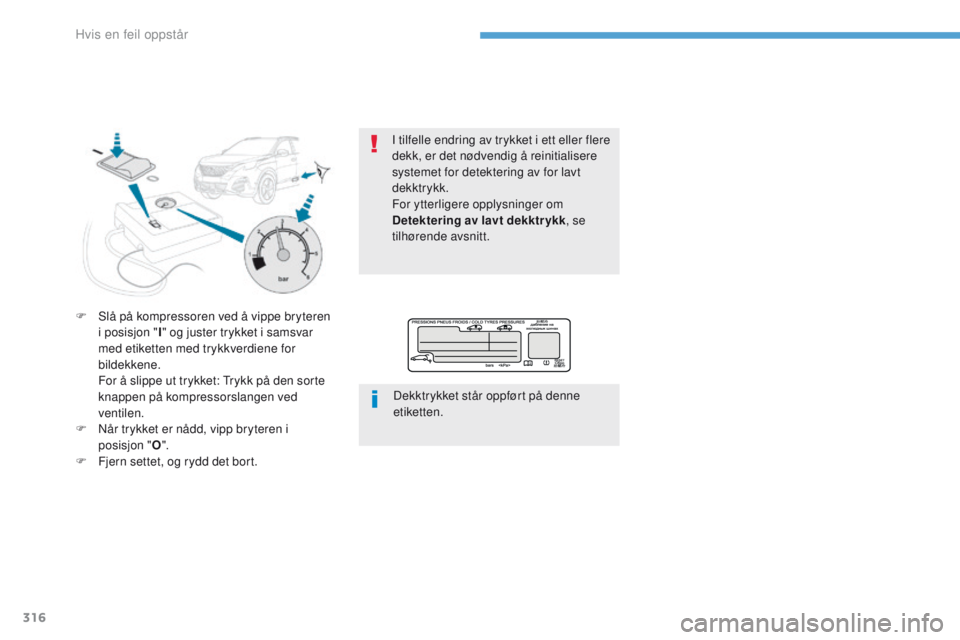 PEUGEOT 3008 2017  Instruksjoner for bruk (in Norwegian) 316
3008-2_no_Chap08_en cas-de-panne_ed01-2016
F Slå på kompressoren ved å vippe bryteren i posisjon " I" og juster trykket i samsvar 
med etiketten med trykkverdiene for 
bildekkene.
 F

o