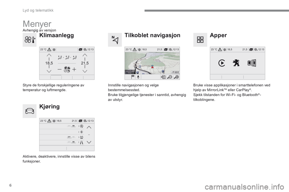 PEUGEOT 3008 2017  Instruksjoner for bruk (in Norwegian) 6
12:13
18,5 21,5
23 °C
21,518,5
12:1323 °C12:13
18,5 21,5
23 °C
12:13
18,5 21,5
23 °C
 Lyd og telematikk 
Transversal-Peugeot_no_Chap01_NAC-2-2-0_ed01-2016
  Tilkoblet  navigasjon 
  Kjøring 
  