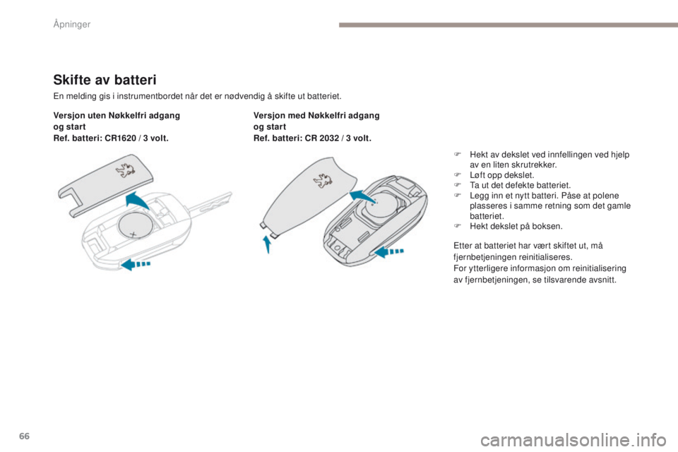 PEUGEOT 3008 2017 Instruksjoner for bruk (in Norwegian) 66
3008-2_no_Chap02_ouvertures_ed01-2016
Skifte av batteri
en melding gis i instrumentbordet når det er nødvendig å skifte ut batteriet.
Versjon uten Nøkkelfri adgang
og star t
Ref. batteri: CR1 PEUGEOT 3008 2017 Instruksjoner for bruk (in Norwegian) 66
3008-2_no_Chap02_ouvertures_ed01-2016
Skifte av batteri
en melding gis i instrumentbordet når det er nødvendig å skifte ut batteriet.
Versjon uten Nøkkelfri adgang
og star t
Ref. batteri: CR1