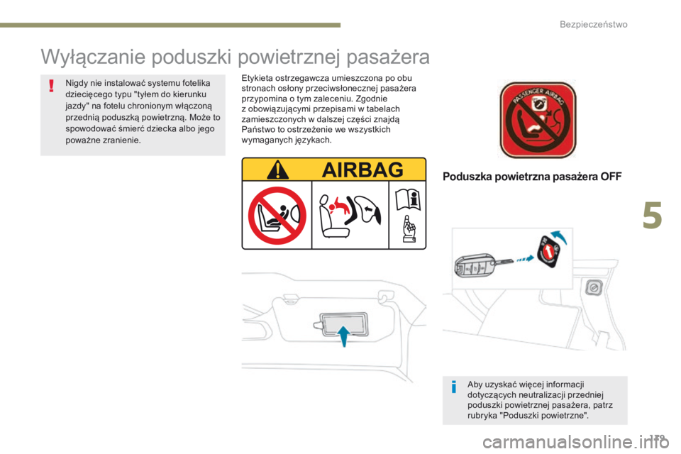 PEUGEOT 3008 2017 Instrukcja obsługi (in Polish) 179
3008-2_pl_Chap05_securite_ed01-2016
Poduszka powietrzna pasażera OFF
Wyłączanie poduszki powietrznej pasażera
Etykieta ostrzegawcza umieszczona po obu
stronach osłony przeciwsłonecznej pasa PEUGEOT 3008 2017 Instrukcja obsługi (in Polish) 179
3008-2_pl_Chap05_securite_ed01-2016
Poduszka powietrzna pasażera OFF
Wyłączanie poduszki powietrznej pasażera
Etykieta ostrzegawcza umieszczona po obu
stronach osłony przeciwsłonecznej pasa