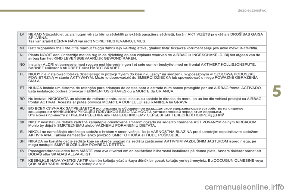 PEUGEOT 3008 2017 Instrukcja obsługi (in Polish) LVNEK AD NEuzstādiet uz aizmuguri vērstu bērnu sēdeklīti priekšējā pasažiera sēdvietā, kurā ir AKTIVIZĒTS priekšējais DROŠĪBAS GAISA
S P I LV E N S .
Tas var izraisīt BĒRNA NĀVI v PEUGEOT 3008 2017 Instrukcja obsługi (in Polish) LVNEK AD NEuzstādiet uz aizmuguri vērstu bērnu sēdeklīti priekšējā pasažiera sēdvietā, kurā ir AKTIVIZĒTS priekšējais DROŠĪBAS GAISA
S P I LV E N S .
Tas var izraisīt BĒRNA NĀVI v