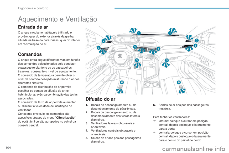 PEUGEOT 3008 2017 Manual de utilização (in Portuguese) 104
3008-2_pt_Chap03_ergonomie-et-confort_ed01-2016
Aquecimento e Ventilação
Entrada de ar
O ar que circula no habitáculo é filtrado e
provém, quer do exterior através da grelha
situada na bas PEUGEOT 3008 2017 Manual de utilização (in Portuguese) 104
3008-2_pt_Chap03_ergonomie-et-confort_ed01-2016
Aquecimento e Ventilação
Entrada de ar
O ar que circula no habitáculo é filtrado e
provém, quer do exterior através da grelha
situada na bas