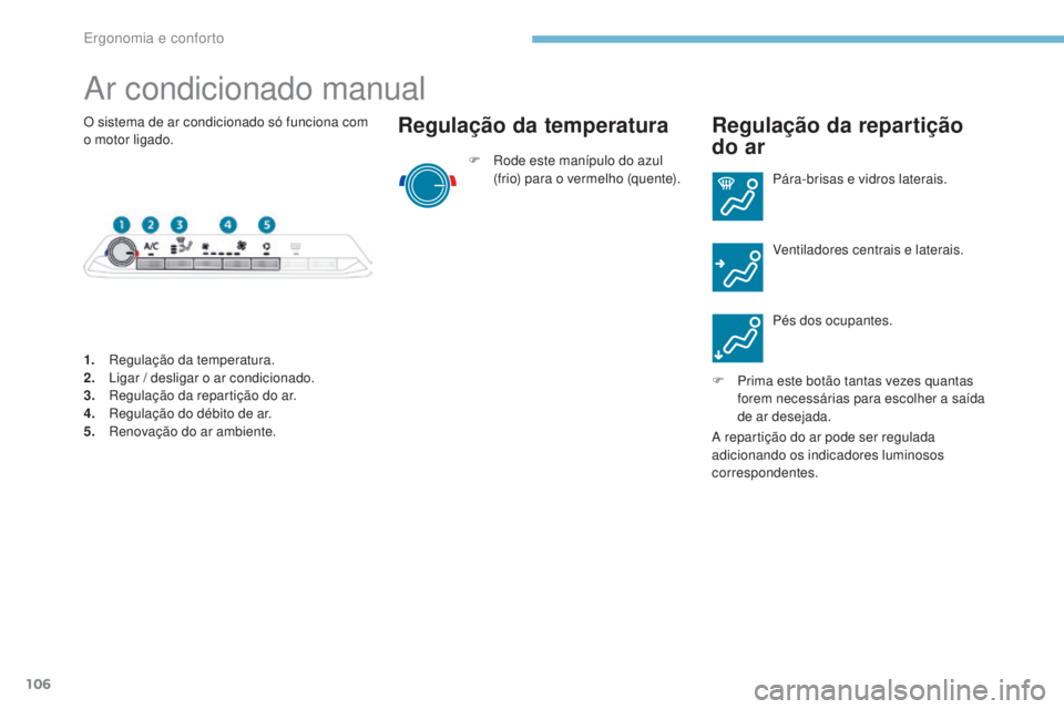 PEUGEOT 3008 2017 Manual de utilização (in Portuguese) 106
3008-2_pt_Chap03_ergonomie-et-confort_ed01-2016
Ar condicionado manual
F Rode este manípulo do azul (frio) para o vermelho (quente).
Regulação da temperatura Regulação da repartição
do a PEUGEOT 3008 2017 Manual de utilização (in Portuguese) 106
3008-2_pt_Chap03_ergonomie-et-confort_ed01-2016
Ar condicionado manual
F Rode este manípulo do azul (frio) para o vermelho (quente).
Regulação da temperatura Regulação da repartição
do a