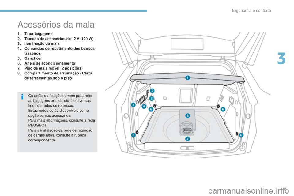 PEUGEOT 3008 2017 Manual de utilização (in Portuguese) 135
3008-2_pt_Chap03_ergonomie-et-confort_ed01-2016
Acessórios da mala
1. Tapa-bagagens
2. T omada de acessórios de 12 V (120 W)
3.
I
luminação da mala
4.
C
omandos de rebatimento dos bancos PEUGEOT 3008 2017 Manual de utilização (in Portuguese) 135
3008-2_pt_Chap03_ergonomie-et-confort_ed01-2016
Acessórios da mala
1. Tapa-bagagens
2. T omada de acessórios de 12 V (120 W)
3.
I
luminação da mala
4.
C
omandos de rebatimento dos bancos