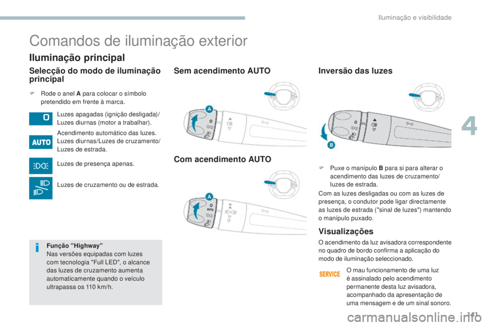 PEUGEOT 3008 2017 Manual de utilização (in Portuguese) 141
3008-2_pt_Chap04_eclairage-et-visibilite_ed01-2016
Sem acendimento AUTO
Com acendimento AUTO
F Rode o anel A para colocar o sÃmbolo pretendido em frente à marca.
Comandos de iluminação exterio PEUGEOT 3008 2017 Manual de utilização (in Portuguese) 141
3008-2_pt_Chap04_eclairage-et-visibilite_ed01-2016
Sem acendimento AUTO
Com acendimento AUTO
F Rode o anel A para colocar o sÃmbolo pretendido em frente à marca.
Comandos de iluminação exterio