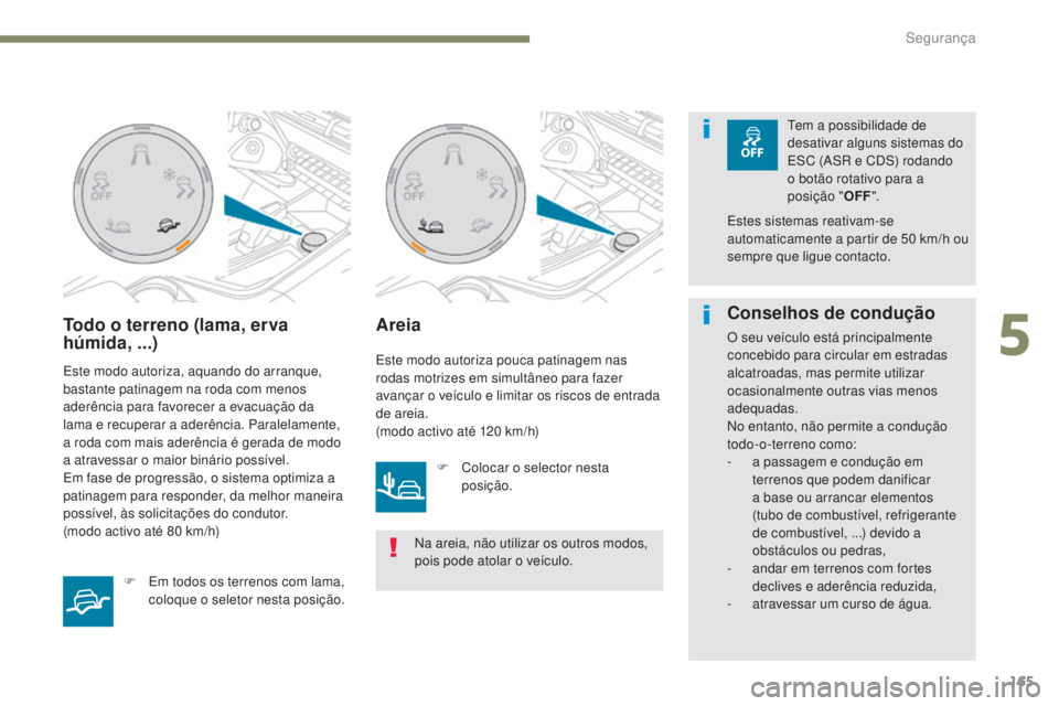 PEUGEOT 3008 2017 Manual de utilização (in Portuguese) 165
3008-2_pt_Chap05_securite_ed01-2016
Todo o terreno (lama, erva
húmida, ...)
Este modo autoriza, aquando do arranque,
bastante patinagem na roda com menos
aderência para favorecer a evacuaçã PEUGEOT 3008 2017 Manual de utilização (in Portuguese) 165
3008-2_pt_Chap05_securite_ed01-2016
Todo o terreno (lama, erva
húmida, ...)
Este modo autoriza, aquando do arranque,
bastante patinagem na roda com menos
aderência para favorecer a evacuaçã