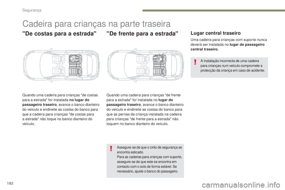 PEUGEOT 3008 2017 Manual de utilização (in Portuguese) 182
3008-2_pt_Chap05_securite_ed01-2016
Cadeira para crianças na parte traseira
"De costas para a estrada"
Quando uma cadeira para crianças "de costas
para a estrada" for instalada PEUGEOT 3008 2017 Manual de utilização (in Portuguese) 182
3008-2_pt_Chap05_securite_ed01-2016
Cadeira para crianças na parte traseira
"De costas para a estrada"
Quando uma cadeira para crianças "de costas
para a estrada" for instalada