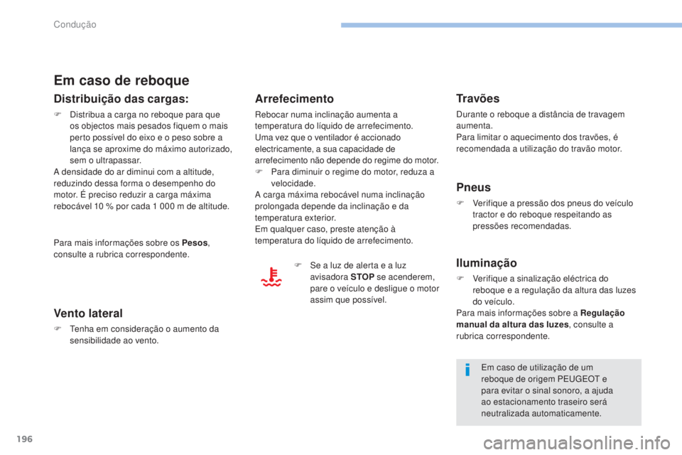 PEUGEOT 3008 2017 Manual de utilização (in Portuguese) 196
3008-2_pt_Chap06_conduite_ed01-2016
Em caso de reboque
Distribuição das cargas:
F Distribua a carga no reboque para que os objectos mais pesados fiquem o mais
perto possÃvel do eixo e o peso s PEUGEOT 3008 2017 Manual de utilização (in Portuguese) 196
3008-2_pt_Chap06_conduite_ed01-2016
Em caso de reboque
Distribuição das cargas:
F Distribua a carga no reboque para que os objectos mais pesados fiquem o mais
perto possÃvel do eixo e o peso s