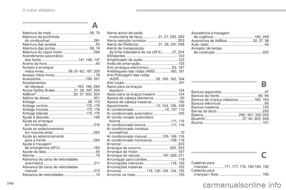 PEUGEOT 3008 2017 Manual de utilização (in Portuguese) 346
3008-2_pt_Chap11_index-alpha_ed01-2016
Abertura da mala ......................................58, 75
Abertura da portinhola do combustível
........................................... 2
81
Ab PEUGEOT 3008 2017 Manual de utilização (in Portuguese) 346
3008-2_pt_Chap11_index-alpha_ed01-2016
Abertura da mala ......................................58, 75
Abertura da portinhola do combustível
........................................... 2
81
Ab