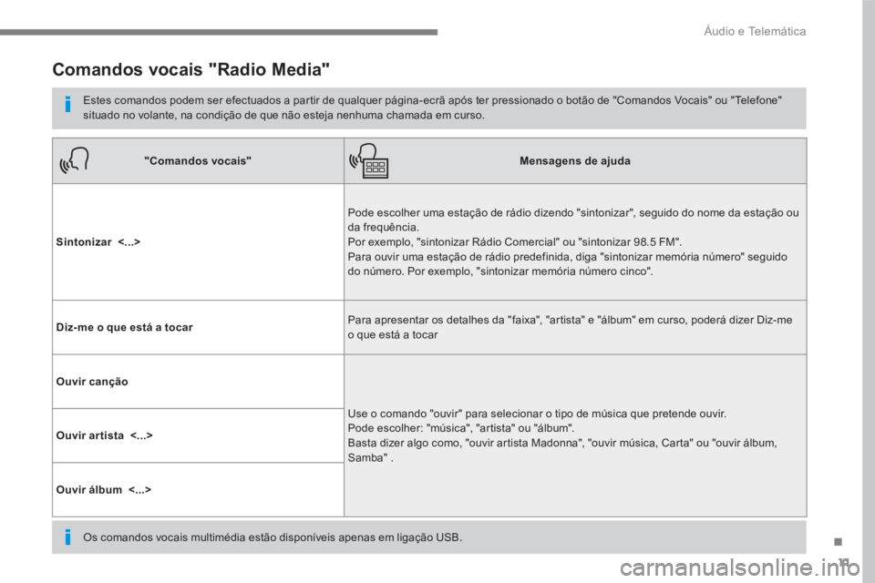 PEUGEOT 3008 2017 Manual de utilização (in Portuguese) 11
.
Áudio e Telemática
Comandos vocais "Radio Media"
Estes comandos podem ser efectuados a partir de qualquer página-ecrã após ter pressionado o botão de "Comandos Vocais" o PEUGEOT 3008 2017 Manual de utilização (in Portuguese) 11
.
Áudio e Telemática
Comandos vocais "Radio Media"
Estes comandos podem ser efectuados a partir de qualquer página-ecrã após ter pressionado o botão de "Comandos Vocais" o