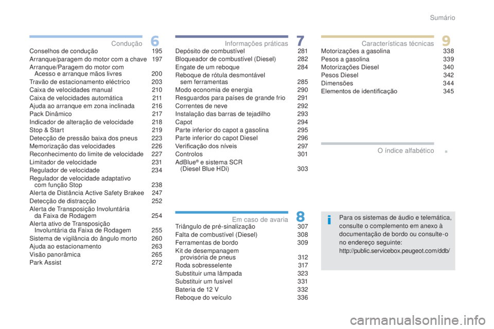 PEUGEOT 3008 2017  Manual de utilização (in Portuguese) .
3008-2_pt_Chap00a_sommaire_ed01-2016
Para os sistemas de áudio e telemática, 
consulte o complemento em anexo à 
documentação de bordo ou consulte-o 
no endereço seguinte:
http://public.servic
