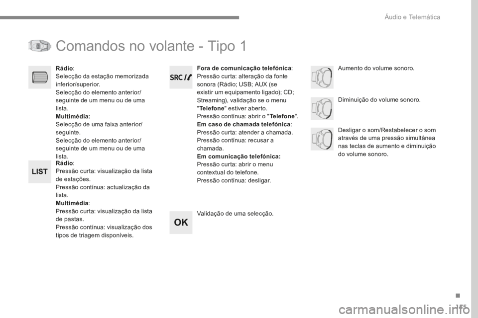 PEUGEOT 3008 2017 Manual de utilização (in Portuguese) 155
Transversal-Peugeot_pt_Chap03_RD6_ed01-2016
Comandos no volante - Tipo 1
Rádio:
Pressão curta: visualização da lista
de estações.
Pressão contínua: actualização da
lista.
Multimédia : PEUGEOT 3008 2017 Manual de utilização (in Portuguese) 155
Transversal-Peugeot_pt_Chap03_RD6_ed01-2016
Comandos no volante - Tipo 1
Rádio:
Pressão curta: visualização da lista
de estações.
Pressão contínua: actualização da
lista.
Multimédia :