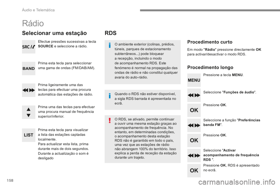 PEUGEOT 3008 2017 Manual de utilização (in Portuguese) 158
RDS
Procedimento curto
Procedimento longoO ambiente exterior (colinas, prédios,
túneis, parques de estacionamento
subterrâneos...) pode bloquear
a recepção, incluindo o modo
de acompanham PEUGEOT 3008 2017 Manual de utilização (in Portuguese) 158
RDS
Procedimento curto
Procedimento longoO ambiente exterior (colinas, prédios,
túneis, parques de estacionamento
subterrâneos...) pode bloquear
a recepção, incluindo o modo
de acompanham