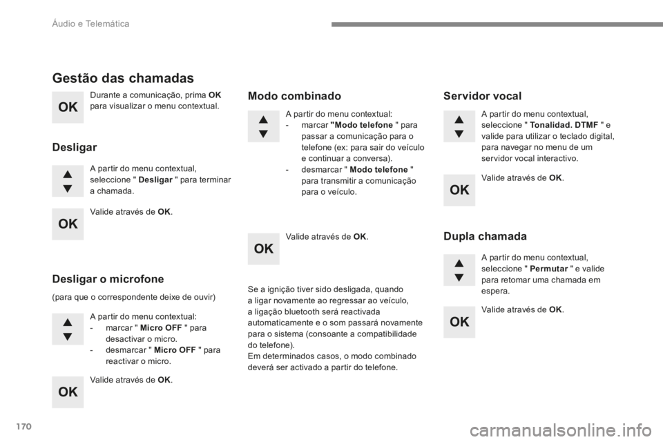 PEUGEOT 3008 2017 Manual de utilização (in Portuguese) 170
Durante a comunicação, prima OK
para visualizar o menu contextual.
A partir do menu contextual,
seleccione " Desligar " para terminar
a chamada.
Gestão das chamadas
Desligar
(para q PEUGEOT 3008 2017 Manual de utilização (in Portuguese) 170
Durante a comunicação, prima OK
para visualizar o menu contextual.
A partir do menu contextual,
seleccione " Desligar " para terminar
a chamada.
Gestão das chamadas
Desligar
(para q