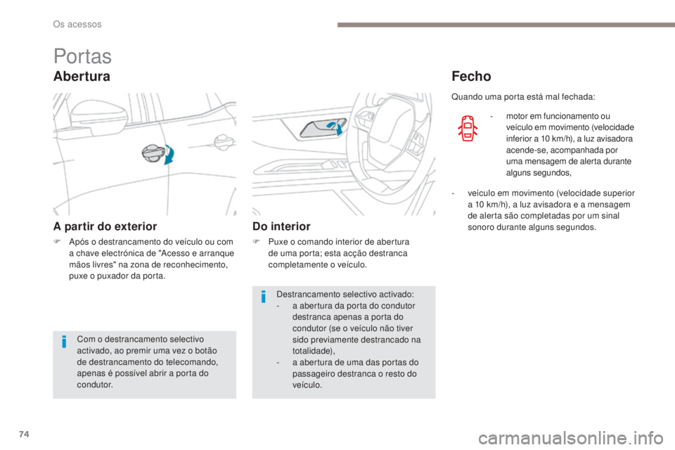 PEUGEOT 3008 2017 Manual de utilização (in Portuguese) 74
3008-2_pt_Chap02_ouvertures_ed01-2016
Por tas
Abertura
A partir do exterior
F Após o destrancamento do veÃculo ou com a chave electrónica de "Acesso e arranque
mãos livres" na zona de PEUGEOT 3008 2017 Manual de utilização (in Portuguese) 74
3008-2_pt_Chap02_ouvertures_ed01-2016
Por tas
Abertura
A partir do exterior
F Após o destrancamento do veÃculo ou com a chave electrónica de "Acesso e arranque
mãos livres" na zona de