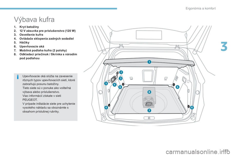 PEUGEOT 3008 2017 Návod na použitie (in Slovakian) 135
3008-2_sk_Chap03_ergonomie-et-confort_ed01-2016
Výbava kufra
1. Kr yt batožiny
2. 12 V zásuvka pre príslušenstvo (120 W)
3.
O
svetlenie kufra
4.
O
vládače sklopenia zadných sedadiel
5. PEUGEOT 3008 2017 Návod na použitie (in Slovakian) 135
3008-2_sk_Chap03_ergonomie-et-confort_ed01-2016
Výbava kufra
1. Kr yt batožiny
2. 12 V zásuvka pre príslušenstvo (120 W)
3.
O
svetlenie kufra
4.
O
vládače sklopenia zadných sedadiel
5.