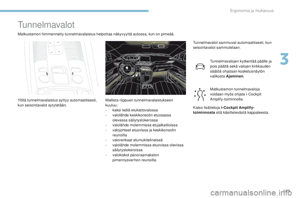 PEUGEOT 3008 2017 Omistajan Käsikirja (in Finnish) 129
3008-2_fi_Chap03_ergonomie-et-confort_ed01-2016
tunnelmavalot
Matkustamon himmennetty tunnelmavalaistus helpottaa näkyvyyttä autossa, kun on pimeää.
tu
nnelmavalot sammuvat automaattisesti, ku PEUGEOT 3008 2017 Omistajan Käsikirja (in Finnish) 129
3008-2_fi_Chap03_ergonomie-et-confort_ed01-2016
tunnelmavalot
Matkustamon himmennetty tunnelmavalaistus helpottaa näkyvyyttä autossa, kun on pimeää.
tu
nnelmavalot sammuvat automaattisesti, ku